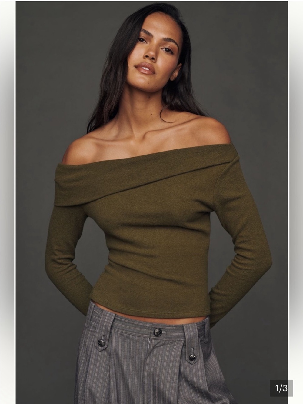 Reformation Off-the-Shoulder Knit Top in Olive Green